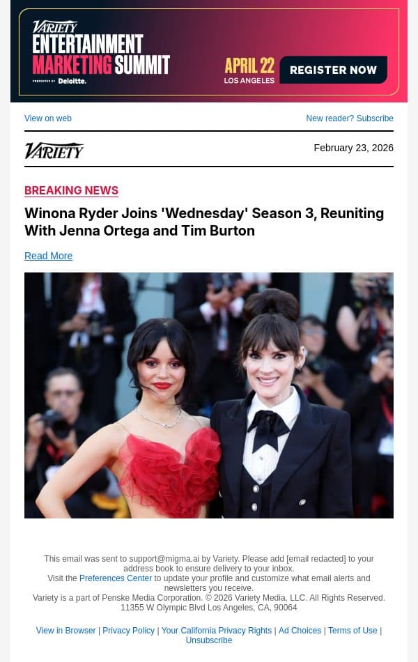 Winona Ryder Joins 'Wednesday' Season 3, Reuniting With Jenna Ortega and Tim Burton email from Variety screenshot