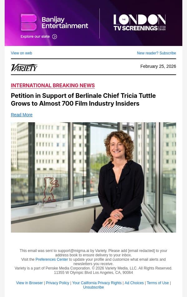 Petition in Support of Berlinale Chief Tricia Tuttle Grows to Almost 700 Film Industry Insiders email from Variety screenshot