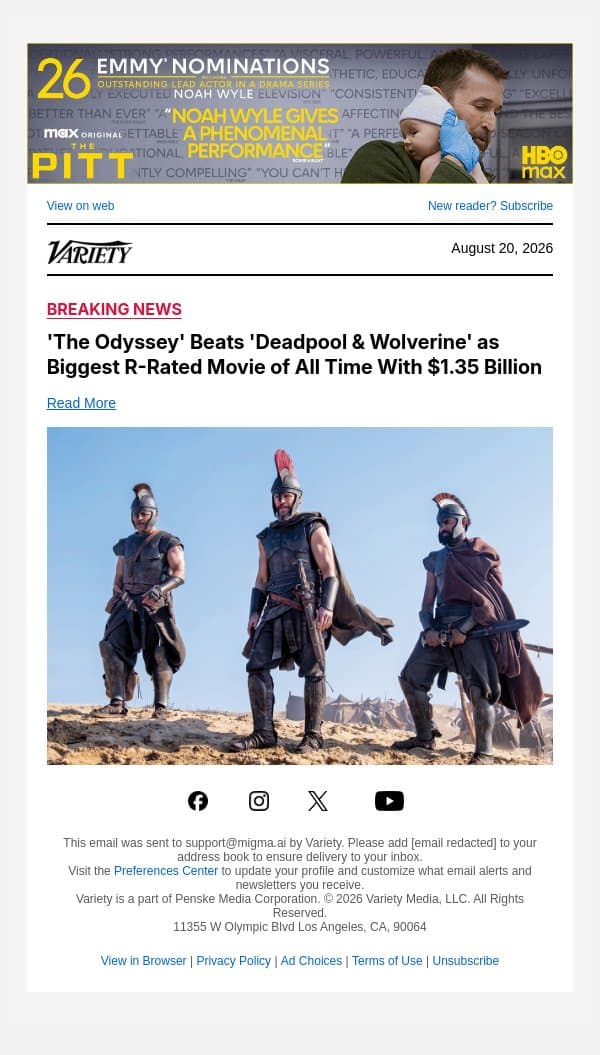 'The Odyssey' Beats 'Deadpool & Wolverine' as Biggest R-Rated Movie of All Time With $1.35 Billion email from Variety screenshot