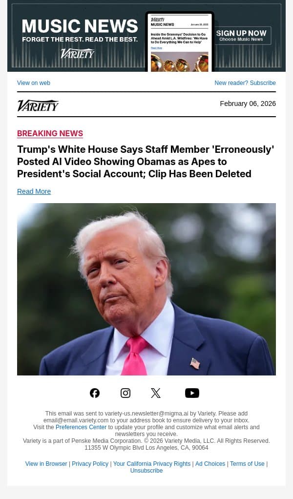 Trump's White House Says Staff Member 'Erroneously' Posted AI Video Showing Obamas as Apes to President's Social Account; Clip Has Been Deleted email from Variety screenshot
