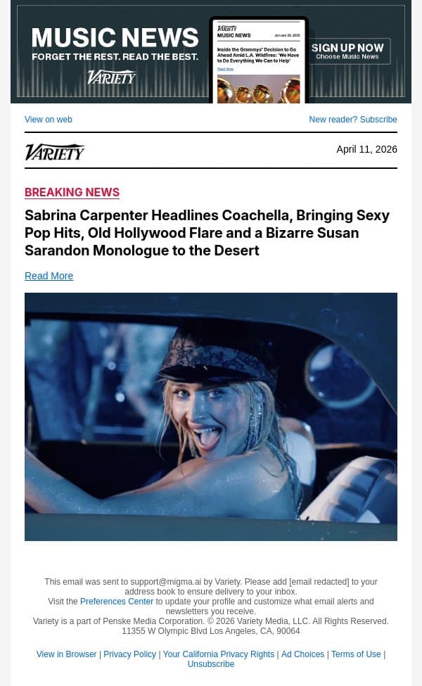 Sabrina Carpenter Headlines Coachella, Bringing Sexy Pop Hits, Old Hollywood Flare and a Bizarre Susan Sarandon Monologue to the Desert email from Variety screenshot