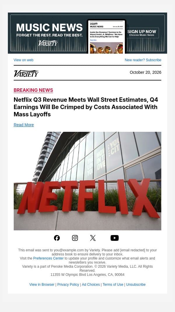 Netflix Q3 Revenue Meets Wall Street Estimates, Q4 Earnings Will Be Crimped by Costs Associated With Mass Layoffs email from Variety screenshot