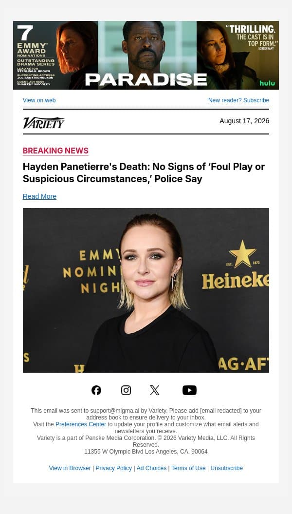 Hayden Panetierre's Death: No Signs of ‘Foul Play or Suspicious Circumstances,’ Police Say email from Variety screenshot