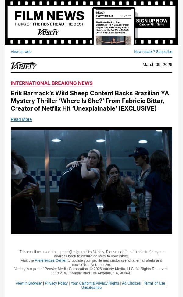 Erik Barmack’s Wild Sheep Content Backs Brazilian YA Mystery Thriller ‘Where Is She?’ From Fabricio Bittar, Creator of Netflix Hit ‘Unexplainable’ (EXCLUSIVE) email from Variety screenshot