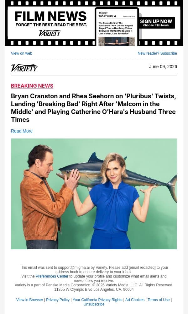 Bryan Cranston and Rhea Seehorn on 'Pluribus' Twists, Landing 'Breaking Bad' Right After 'Malcom in the Middle' and Playing Catherine O'Hara's Husband Three Times email from Variety screenshot