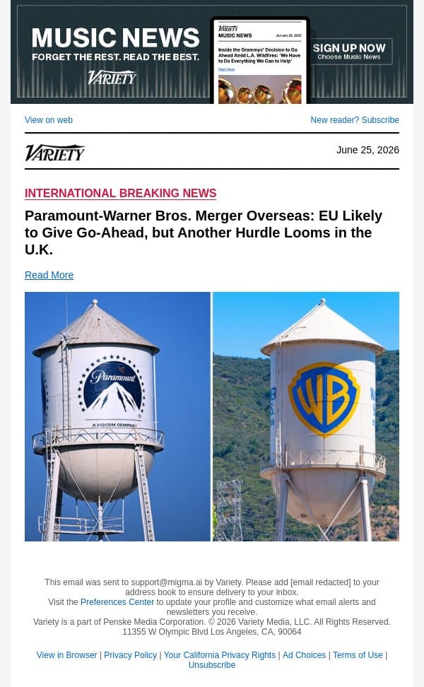 Paramount-Warner Bros. Merger Overseas: EU Likely to Give Go-Ahead, but Another Hurdle Looms in the U.K. email from Variety screenshot