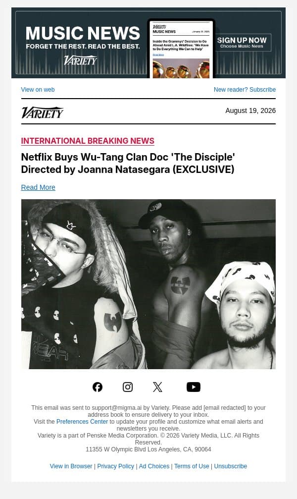 Netflix Buys Wu-Tang Clan Doc 'The Disciple' Directed by Joanna Natasegara (EXCLUSIVE) email from Variety screenshot