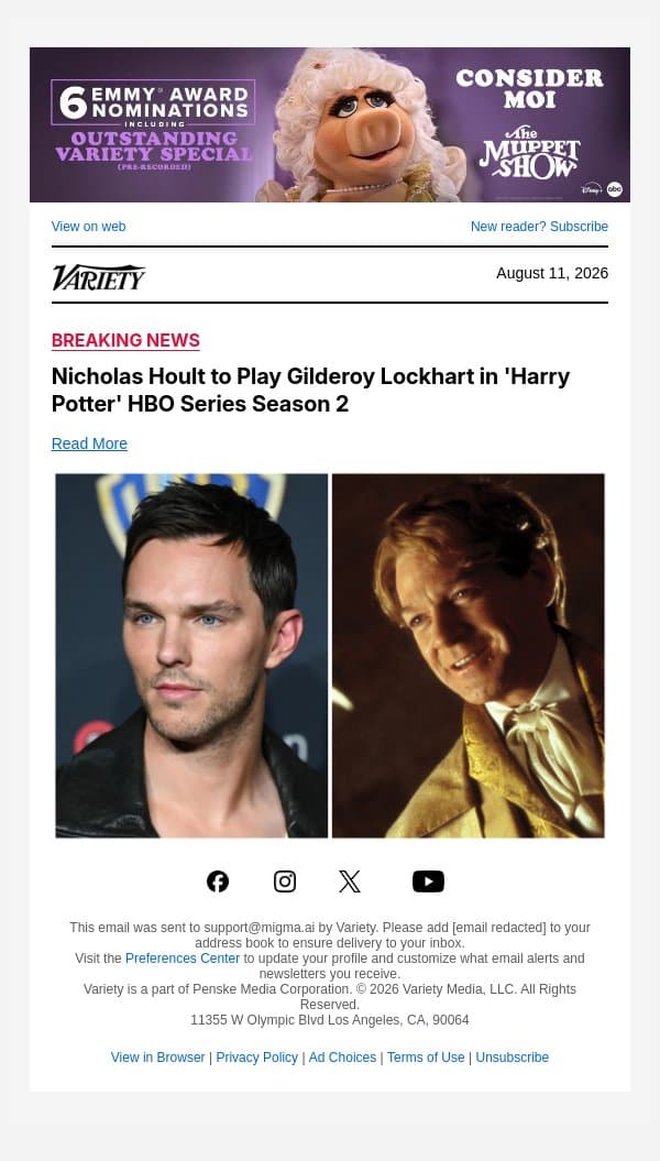Nicholas Hoult to Play Gilderoy Lockhart in 'Harry Potter' HBO Series Season 2 email from Variety screenshot