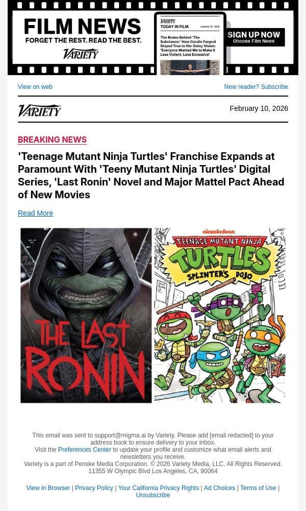 'Teenage Mutant Ninja Turtles' Franchise Expands at Paramount With 'Teeny Mutant Ninja Turtles' Digital Series, 'Last Ronin' Novel and Major Mattel Pact Ahead of New Movies email from Variety screenshot