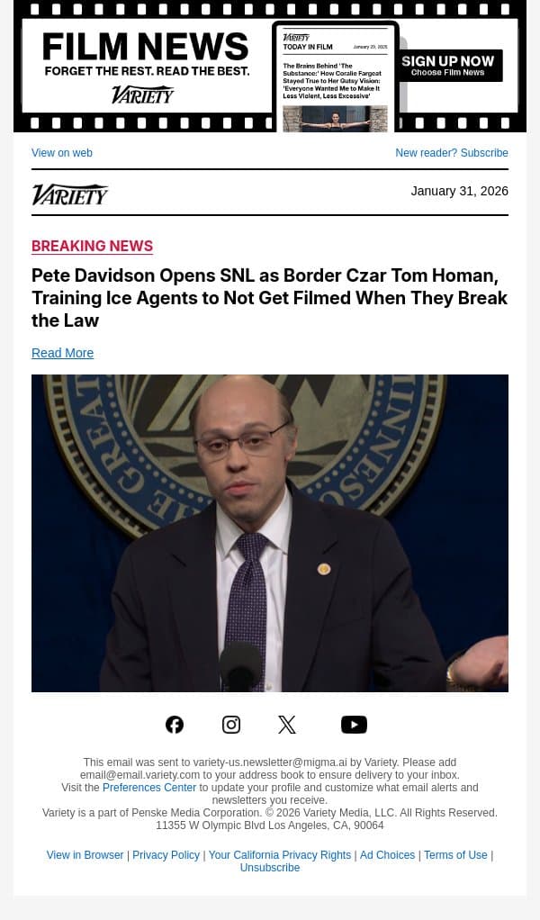 Pete Davidson Opens SNL as Border Czar Tom Homan, Training Ice Agents to Not Get Filmed When They Break the Law email from Variety screenshot