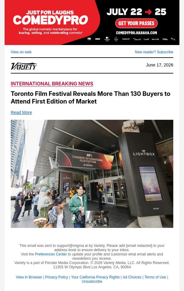 Toronto Film Festival Reveals More Than 130 Buyers to Attend First Edition of Market email from Variety screenshot