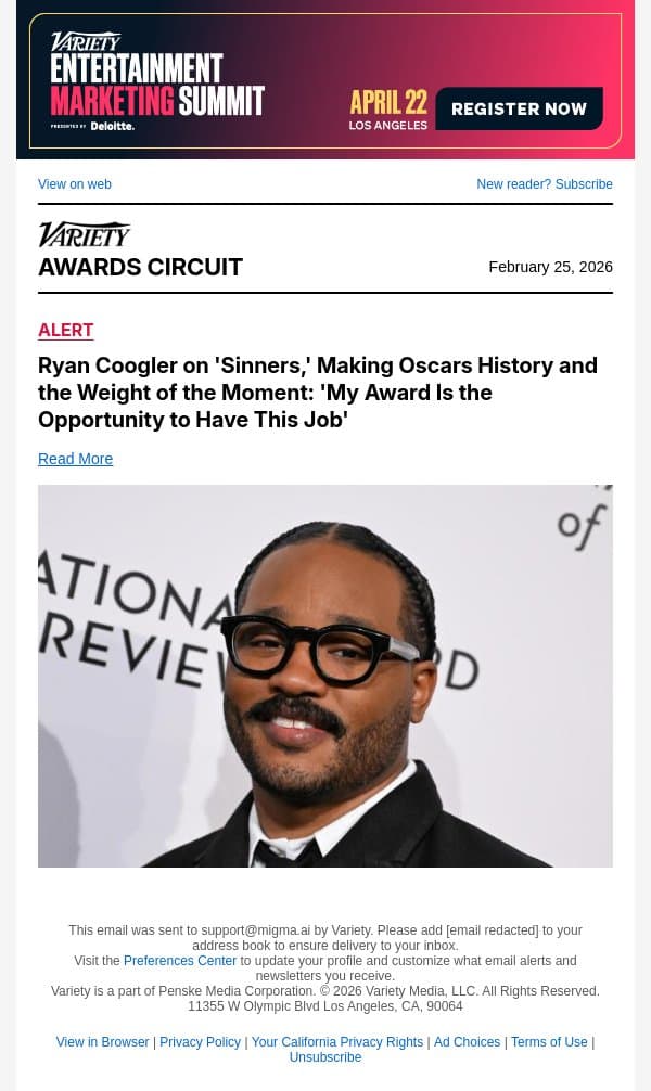 Ryan Coogler on 'Sinners,' Making Oscars History and the Weight of the Moment: 'My Award Is the Opportunity to Have This Job' email from Variety screenshot