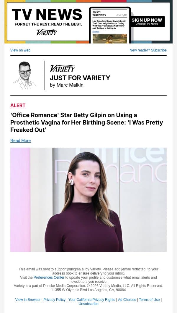 'Office Romance' Star Betty Gilpin on Using a Prosthetic Vagina for Her Birthing Scene: 'I Was Pretty Freaked Out' email from Variety screenshot
