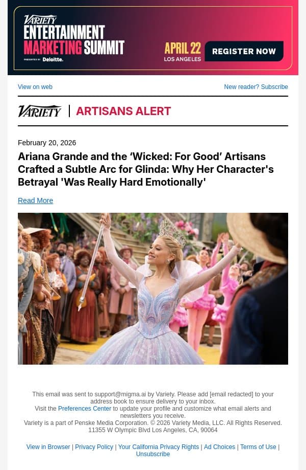 Ariana Grande and the ‘Wicked: For Good’ Artisans Crafted a Subtle Arc for Glinda: Why Her Character's Betrayal 'Was Really Hard Emotionally' email from Variety screenshot