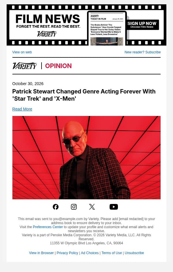 Patrick Stewart Changed Genre Acting Forever With 'Star Trek' and 'X-Men' email from Variety screenshot