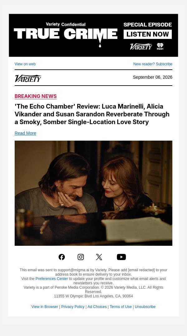 'The Echo Chamber' Review: Luca Marinelli, Alicia Vikander and Susan Sarandon Reverberate Through a Smoky, Somber Single-Location Love Story email from Variety screenshot