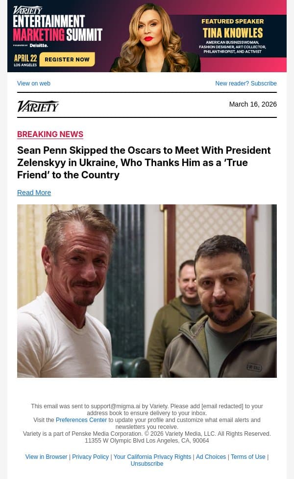 Sean Penn Skipped the Oscars to Meet With President Zelenskyy in Ukraine, Who Thanks Him as a ‘True Friend’ to the Country email from Variety screenshot