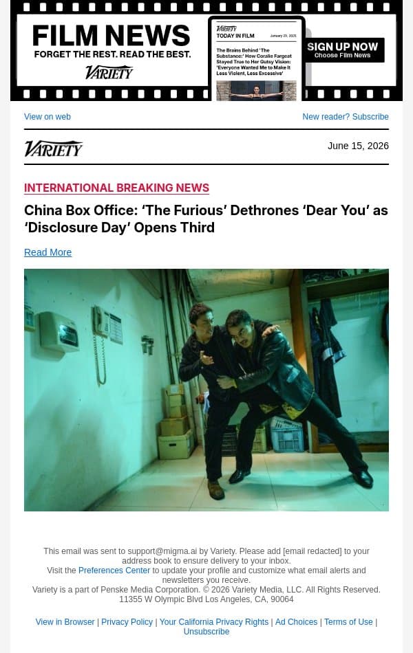 China Box Office: ‘The Furious’ Dethrones ‘Dear You’ as ‘Disclosure Day’ Opens Third email from Variety screenshot