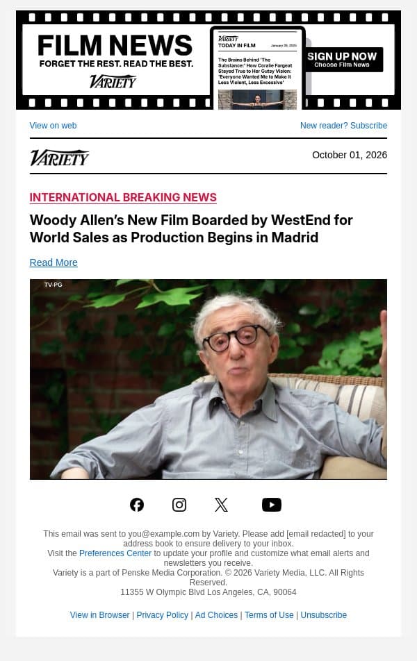 Woody Allen’s New Film Boarded by WestEnd for World Sales as Production Begins in Madrid email from Variety screenshot