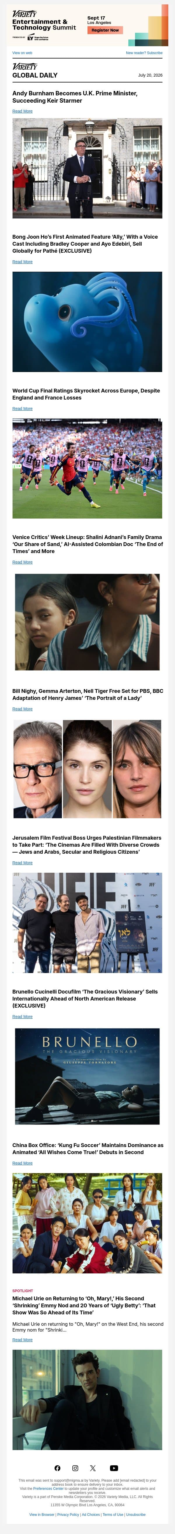 Andy Burnham Becomes U.K. PM; Bong Joon Ho's 'Ally' Sells; World Cup Final Ratings email from Variety screenshot