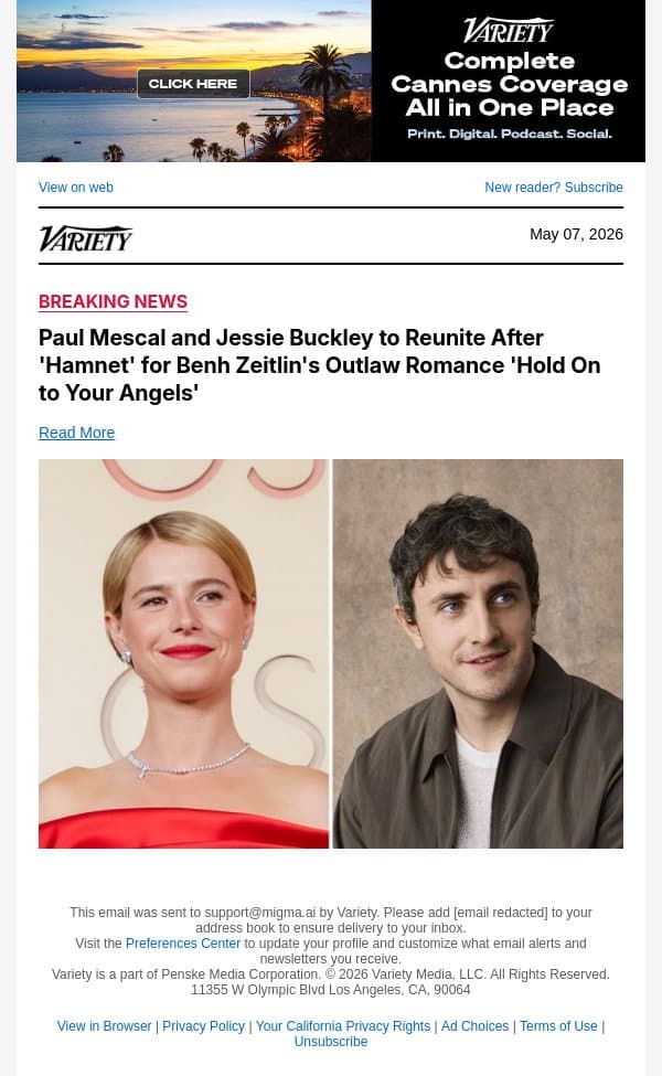 Paul Mescal and Jessie Buckley to Reunite After 'Hamnet' for Benh Zeitlin's Outlaw Romance 'Hold On to Your Angels' email from Variety screenshot