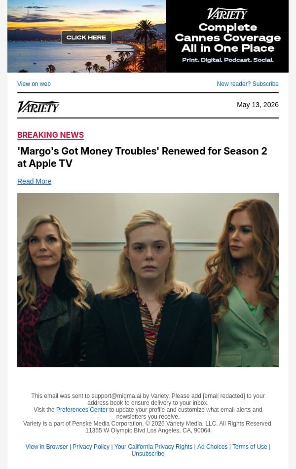'Margo's Got Money Troubles' Renewed for Season 2 at Apple TV email from Variety screenshot