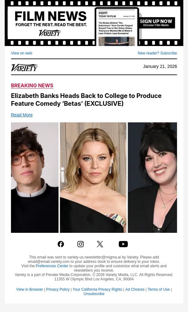 Elizabeth Banks Heads Back to College to Produce Feature Comedy ‘Betas’ (EXCLUSIVE) email from Variety screenshot
