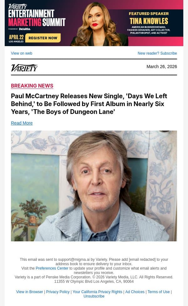Paul McCartney Releases New Single, 'Days We Left Behind,' to Be Followed by First Album in Nearly Six Years, 'The Boys of Dungeon Lane' email from Variety screenshot