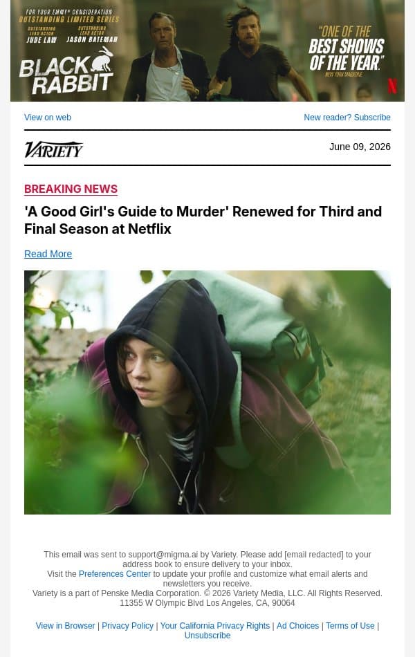 'A Good Girl's Guide to Murder' Renewed for Third and Final Season at Netflix email from Variety screenshot