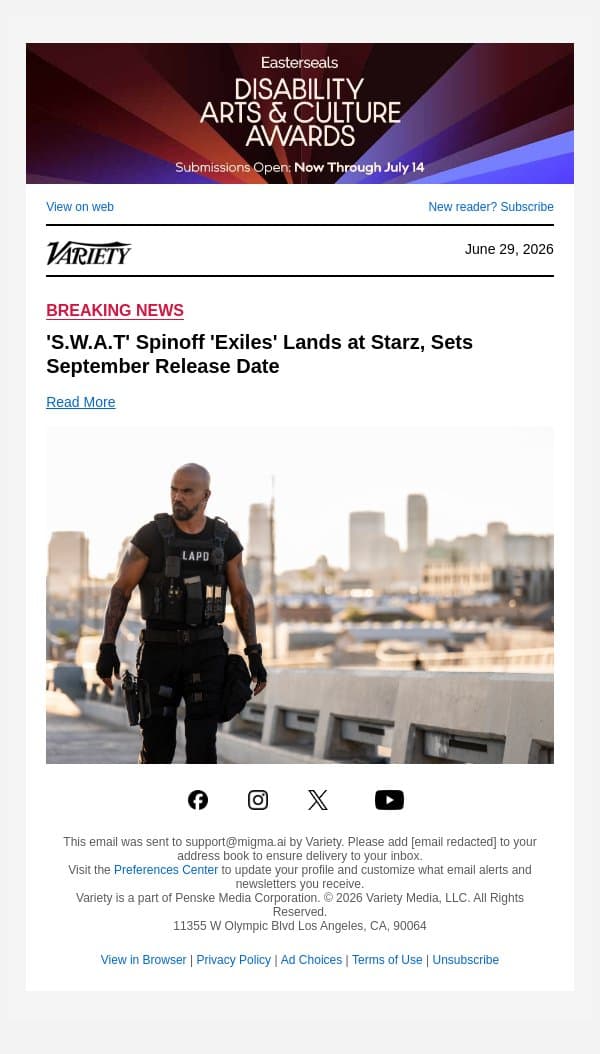 'S.W.A.T' Spinoff 'Exiles' Lands at Starz, Sets September Release Date email from Variety screenshot