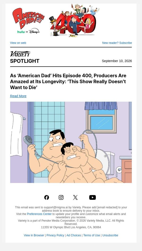 As ‘American Dad’ Hits Episode 400, Producers Are Amazed at Its Longevity: ‘This Show Really Doesn’t Want to Die’ email from Variety screenshot