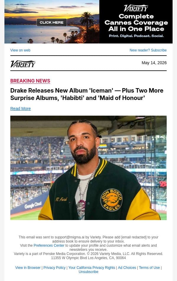 Drake Releases New Album 'Iceman' — Plus Two More Surprise Albums, 'Habibti' and 'Maid of Honour' email from Variety screenshot