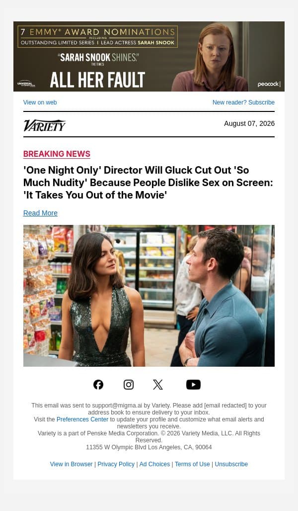 'One Night Only' Director Will Gluck Cut Out 'So Much Nudity' Because People Dislike Sex on Screen: 'It Takes You Out of the Movie' email from Variety screenshot