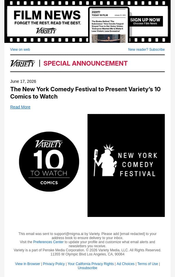 The New York Comedy Festival to Present Variety’s 10 Comics to Watch email from Variety screenshot