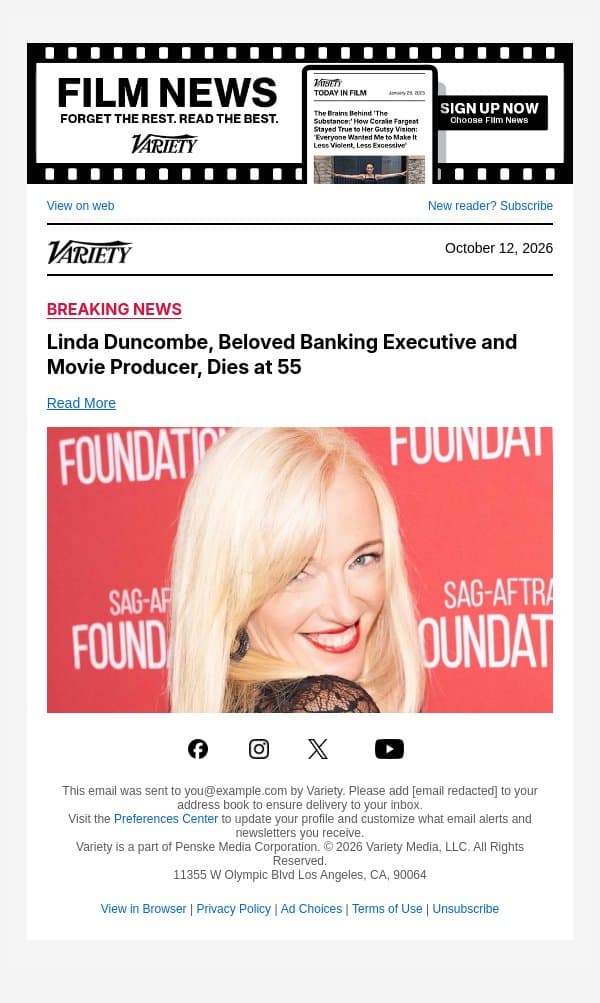 Linda Duncombe, Beloved Banking Executive and Movie Producer, Dies at 55 email from Variety screenshot