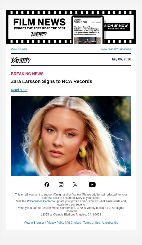 Zara Larsson Signs to RCA Records email from Variety screenshot