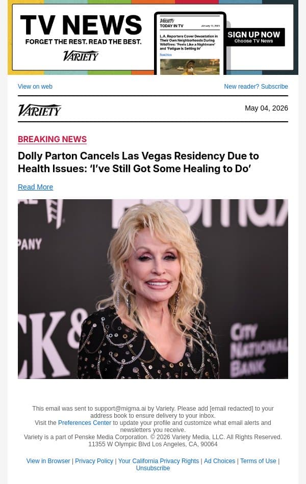 Dolly Parton Cancels Las Vegas Residency Due to Health Issues: ‘I’ve Still Got Some Healing to Do’ email from Variety screenshot