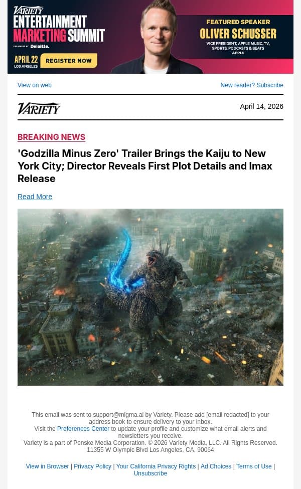 'Godzilla Minus Zero' Trailer Brings the Kaiju to New York City; Director Reveals First Plot Details and Imax Release email from Variety screenshot