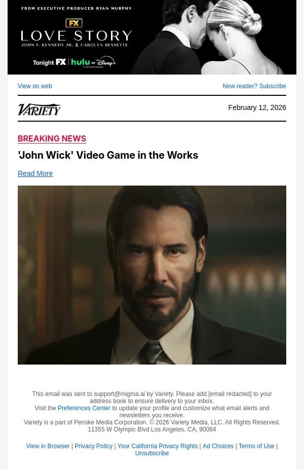 'John Wick' Video Game in the Works email from Variety screenshot