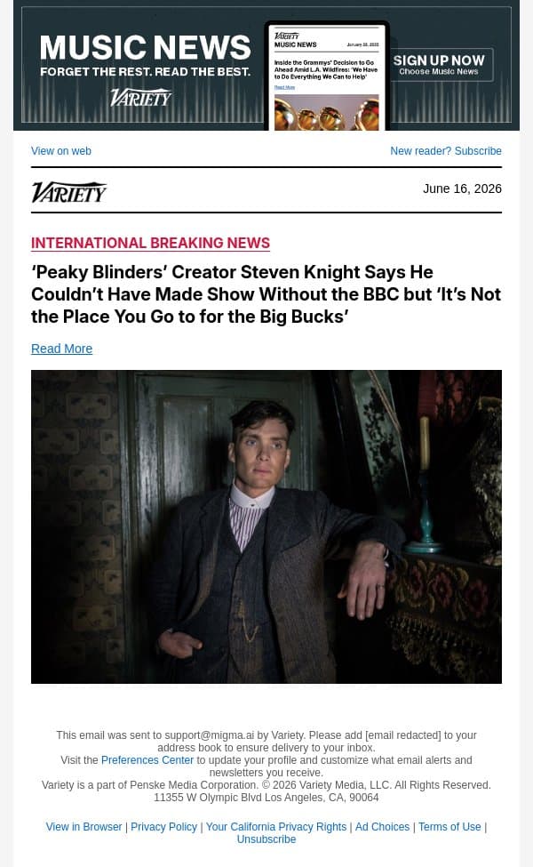 ‘Peaky Blinders’ Creator Steven Knight Says He Couldn’t Have Made Show Without the BBC but ‘It’s Not the Place You Go to for the Big Bucks’ email from Variety screenshot
