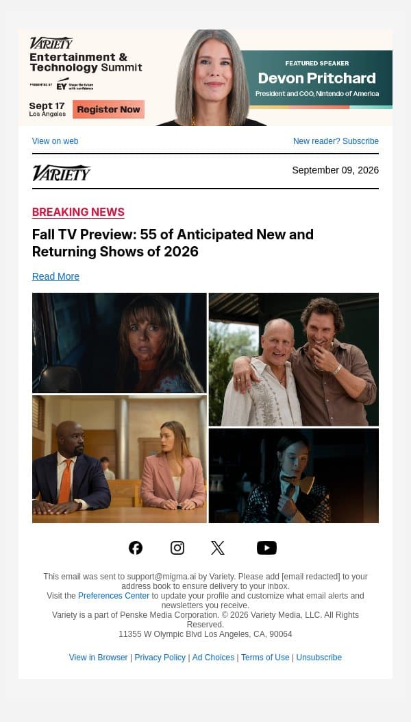 Fall TV Preview: 55 of Anticipated New and Returning Shows of 2026 email from Variety screenshot