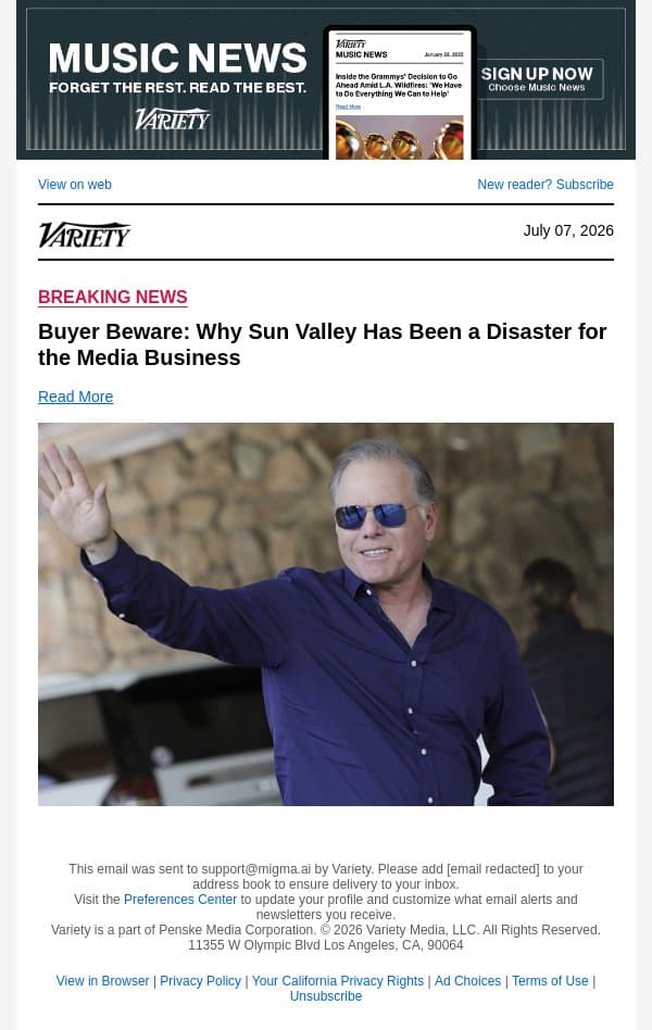 Buyer Beware: Why Sun Valley Has Been a Disaster for the Media Business email from Variety screenshot
