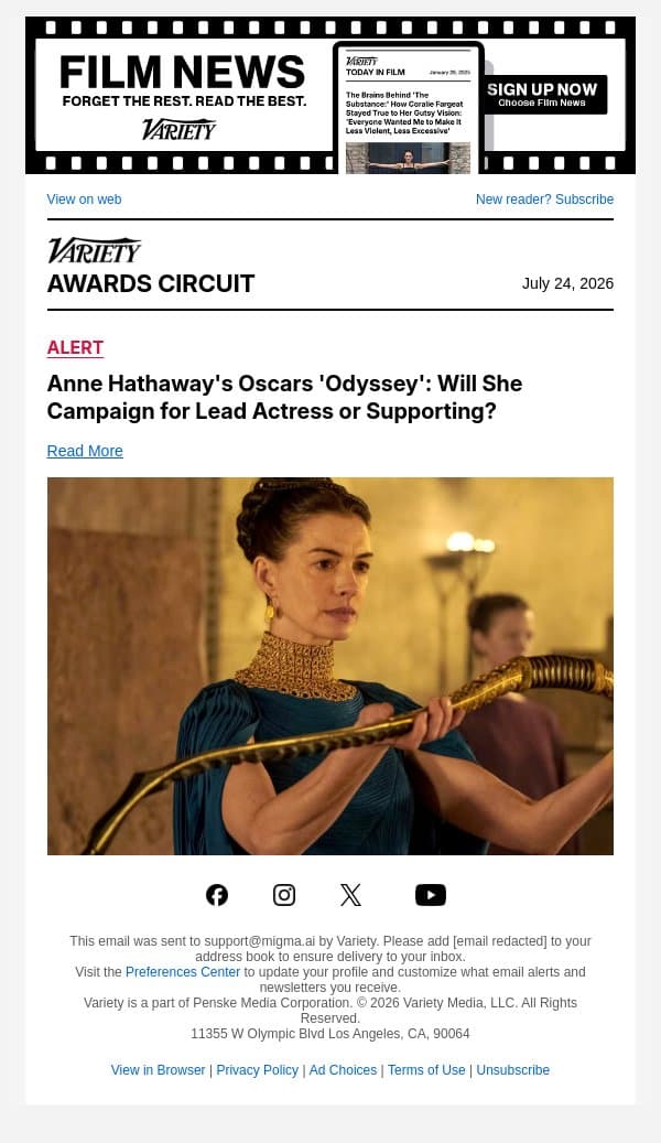 Anne Hathaway's Oscars 'Odyssey': Will She Campaign for Lead Actress or Supporting? email from Variety screenshot
