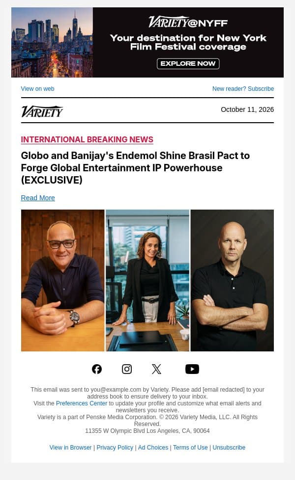 Globo and Banijay's Endemol Shine Brasil Pact to Forge Global Entertainment IP Powerhouse (EXCLUSIVE) email from Variety screenshot