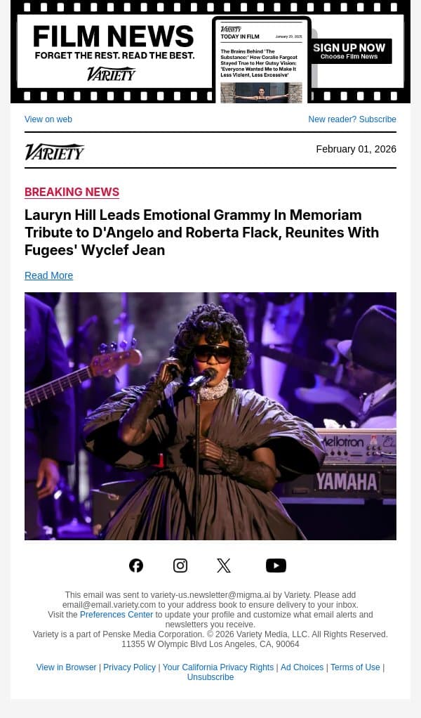 Lauryn Hill Leads Emotional Grammy In Memoriam Tribute to D'Angelo and Roberta Flack, Reunites With Fugees' Wyclef Jean email from Variety screenshot