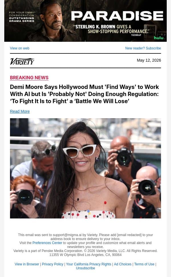 Demi Moore Says Hollywood Must 'Find Ways' to Work With AI but Is 'Probably Not' Doing Enough Regulation: ‘To Fight It Is to Fight’ a ‘Battle We Will Lose’ email from Variety screenshot