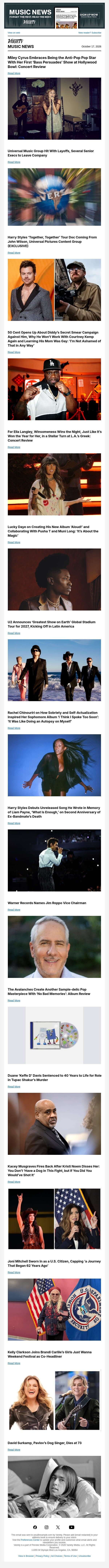 Miley Performs First Full Show in Years at the Hollywood Bowl, Reviewed; Universal Music Layoffs Hit Top-Level Execs; Harry Styles Tour Doc Is in Production email from Variety screenshot
