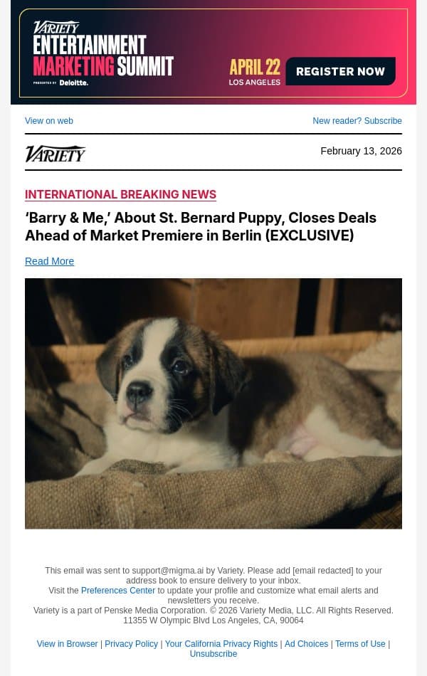 ‘Barry and Me,’ About St. Bernard Puppy, Closes Deals Ahead of Market Premiere in Berlin (EXCLUSIVE) email from Variety screenshot