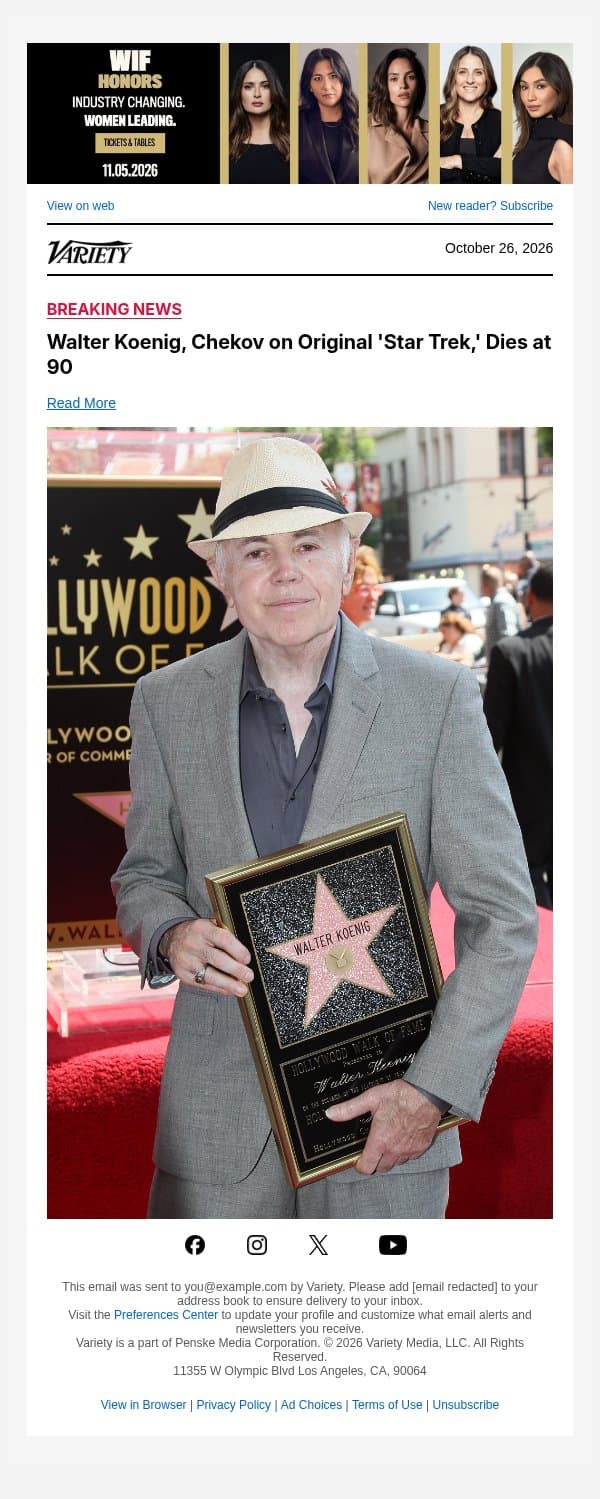 Walter Koenig, Chekov on Original 'Star Trek,' Dies at 90 email from Variety screenshot