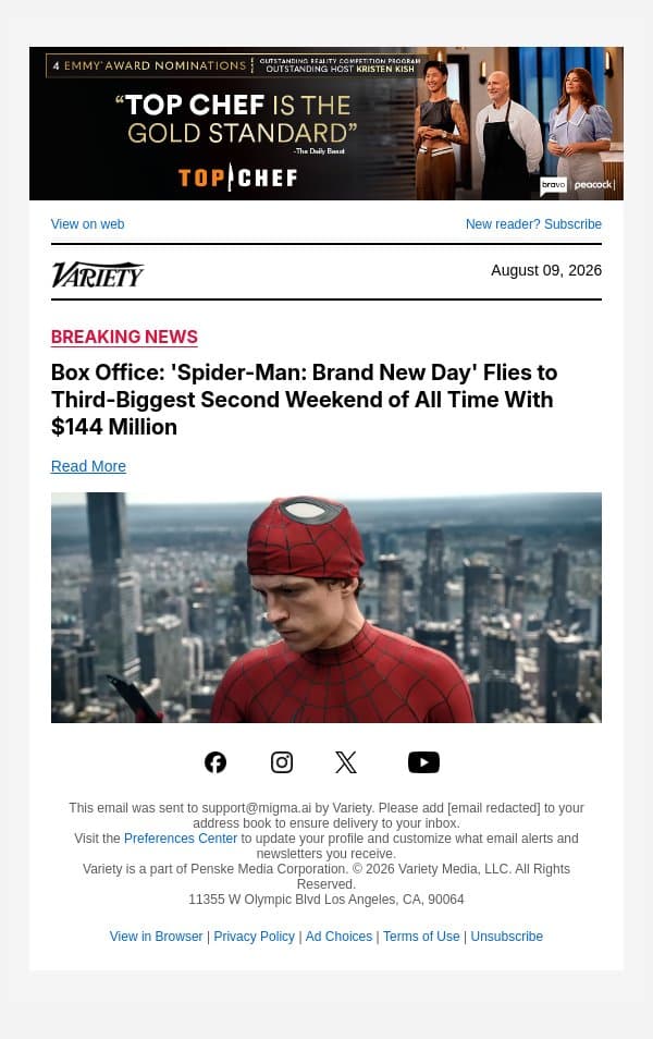 Box Office: 'Spider-Man: Brand New Day' Flies to Third-Biggest Second Weekend of All Time With $144 Million email from Variety screenshot